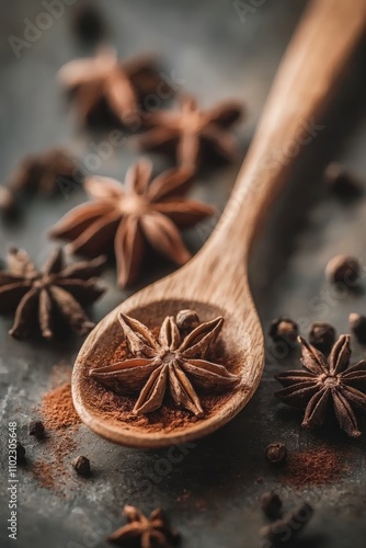 Close-up of a wooden spoon with spices. Selective focus