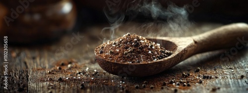 Close-up of a wooden spoon with spices. Selective focus