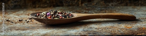 Close-up of a wooden spoon with spices. Selective focus