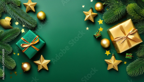 Christmas presents and decorations on green background, golden stars, twigs