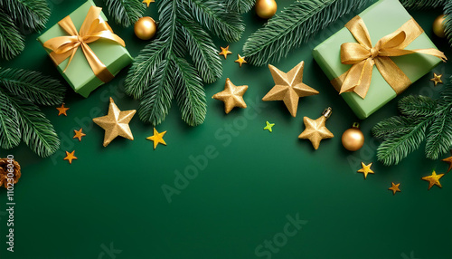 Christmas presents and decorations on green background, golden stars, twigs