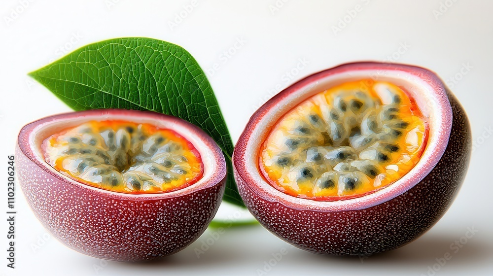 Fresh Passion Fruit Halves Displaying Juicy Seeds and Vibrant Color Fresh Passion Fruit Halves Displaying Juicy Seeds and Vibrant Color