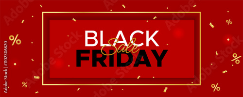 Black Friday horizontal web banner with gold frame tinsels on a red background
