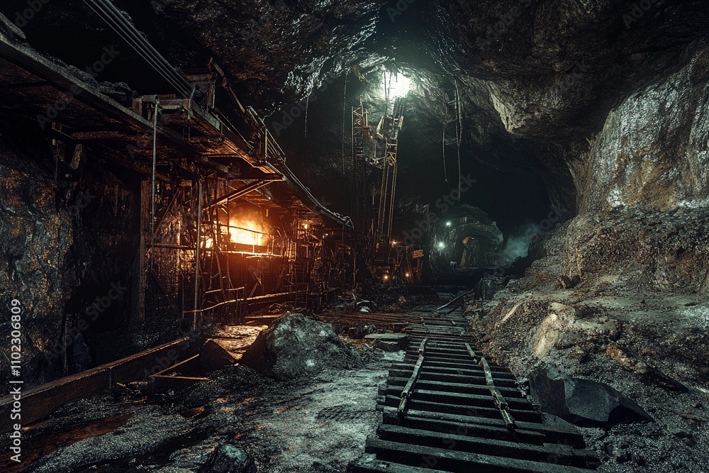 Naklejka premium Exploring the depths of an abandoned mining shaft at twilight. Generative AI