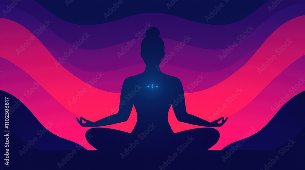 Silhouette of Meditating Figure with Colorful Waves in Background Silhouette of Meditating Figure with Colorful Waves in Background