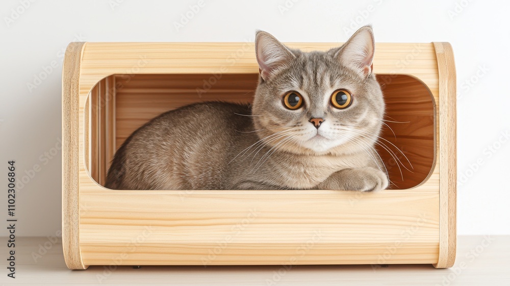 Cute Grey Cat Relaxing in Wooden Cat House with Soft Expressions Cute Grey Cat Relaxing in Wooden Cat House with Soft Expressions