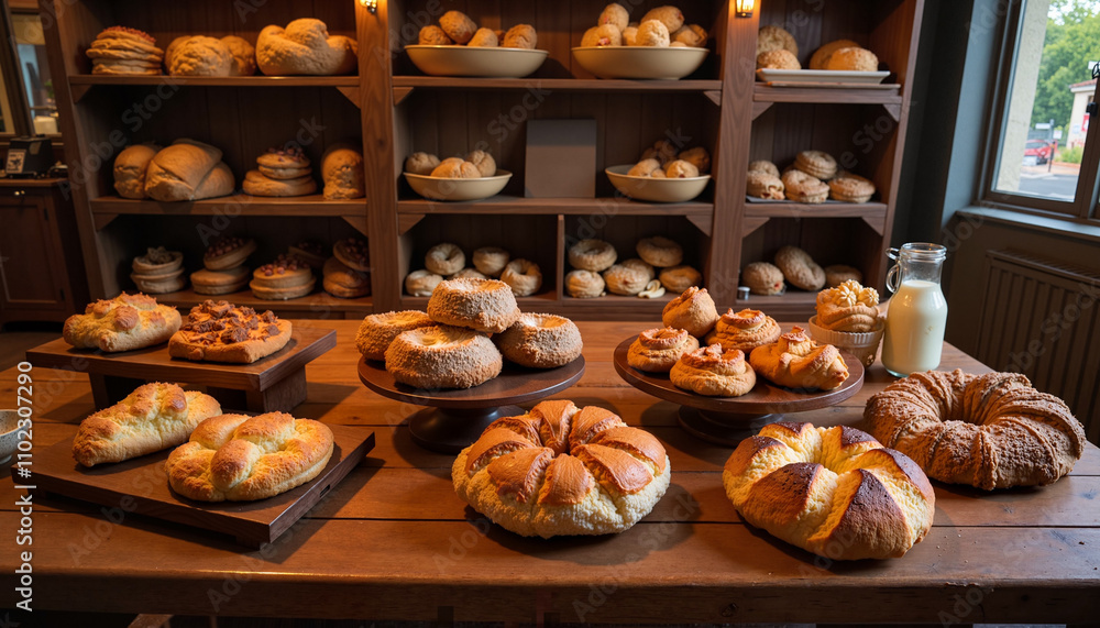 Freshly baked breads and pastries displayed on wooden tables in cozy bakery, inviting atmosphere Freshly baked breads and pastries displayed on wooden tables in cozy bakery, inviting atmosphere
