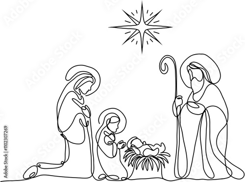 Nativity scene. Continuos line. Hand drawn vector isolated set.