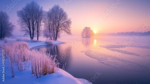 A Tranquil Winter Sunrise Over a Frozen River