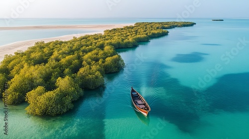 Aerial view of a boat navigating through the mangrove forest in the Farasan Islands archipelago, Jazan Province, Saudi Arabia. photo