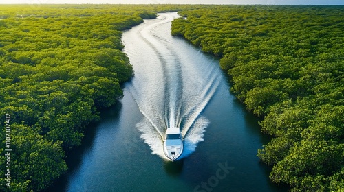 Aerial view of a boat navigating through the mangrove forest in the Farasan Islands archipelago, Jazan Province, Saudi Arabia. photo