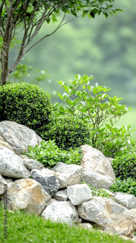 Lush Green Landscape Featuring Well-Maintained Boxwood Shrubs and Rock Garden Elements in a Serene Outdoor Environment Surrounded by Nature