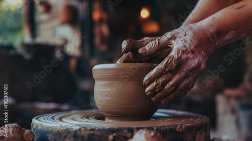 Crafting Pottery: Hands Shaping Clay on a Potter's Wheel photo