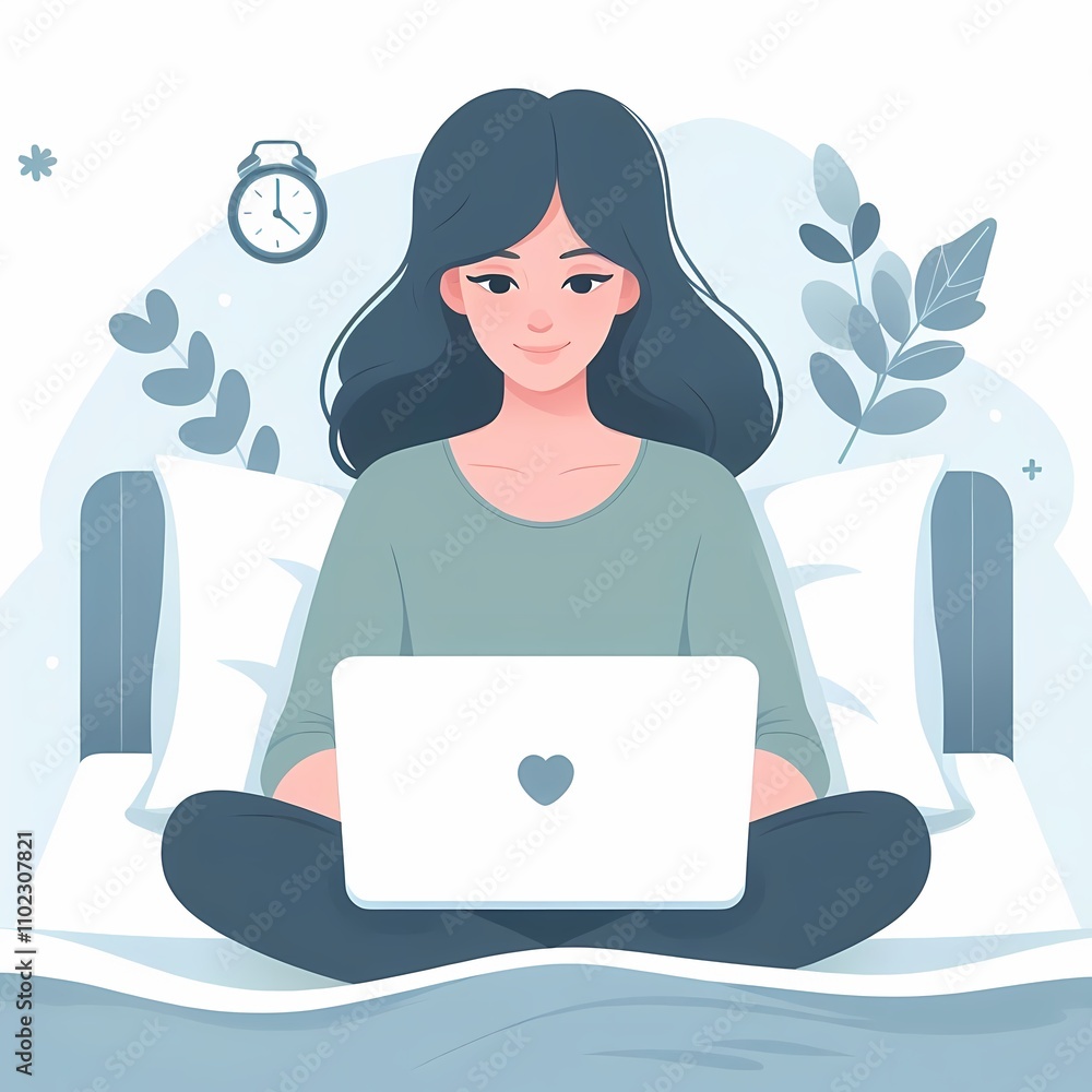 Flat Style Illustration of a Woman Using a Laptop in Bed, White Background Flat Style Illustration of a Woman Using a Laptop in Bed, White Background