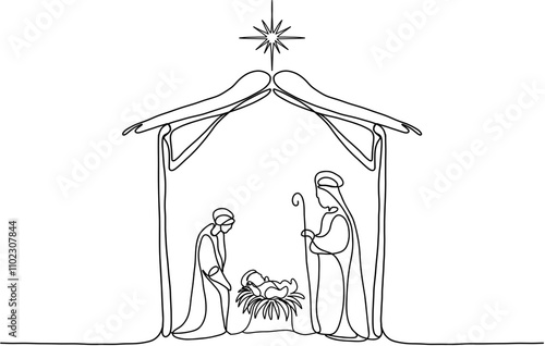 Nativity scene. Continuos line. Hand drawn vector isolated set.