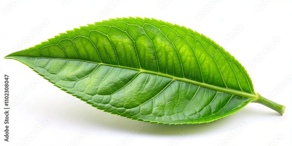 Obraz premium A fresh green leaf lies flat against a white surface, highlighting its detailed veins and smooth texture. The leaf is a symbol of nature's beauty and vitality