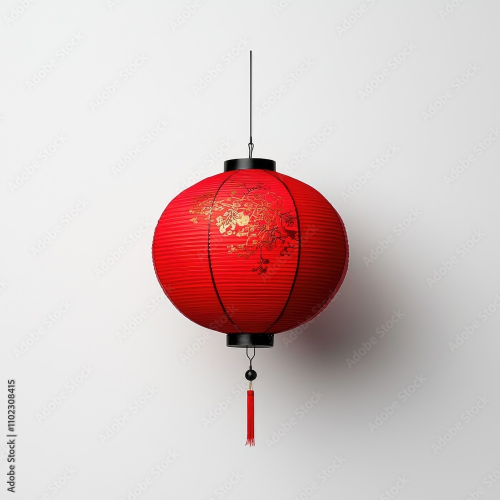 Bright Red Lantern with Golden Floral Design Hanging Against a Minimalist White Background, Perfect for Celebrations, Festivals, and Cultural Events Bright Red Lantern with Golden Floral Design Hanging Against a Minimalist White Background, Perfect for Celebrations, Festivals, and Cultural Events