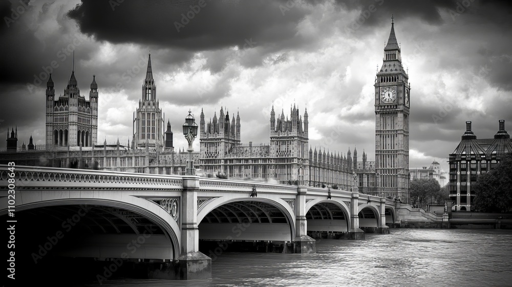 The Houses of Parliament, featuring the iconic Big Ben, stand majestically along the River Thames in London, UK. The Houses of Parliament, featuring the iconic Big Ben, stand majestically along the River Thames in London, UK.