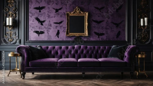 Purple velvet sofa in a dark, gothic-style living room with crow silhouettes and ornate frame. photo