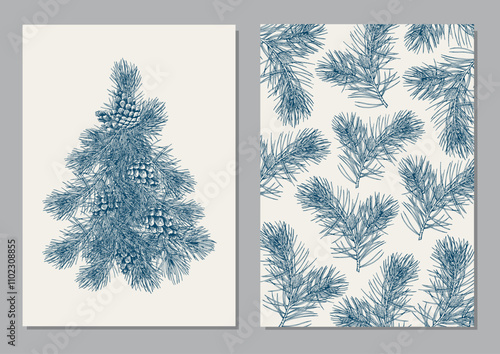Christmas cards with pine tree and branches. Hand drawn vector illustration. Blue shade collection.