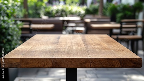 An empty wooden table with a blurred interior of an outdoor coffee shop or cafe in the background. The warm wood tones of the table contrast with the soft, out-of-focus ambiance of the cafe.