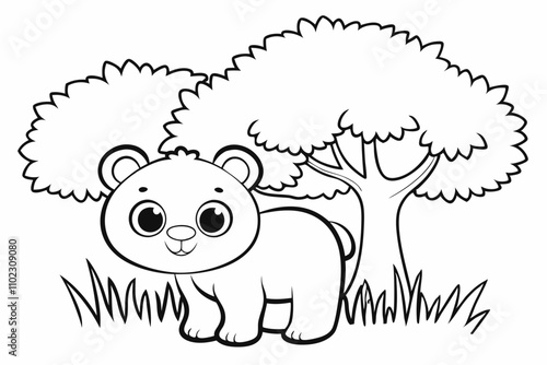 cute Bear,  some grass and a tree, coloring book