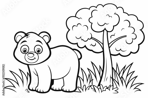 cute Bear,  some grass and a tree, coloring book