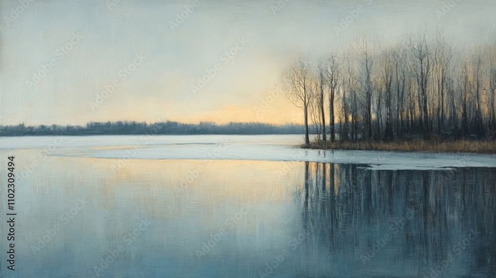 Fototapeta premium Tranquil Winter Landscape with Silhouetted Trees and Frozen Lake