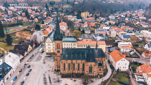 Aerial View European Town Center, Church, Vrchlabi, Czechia photo