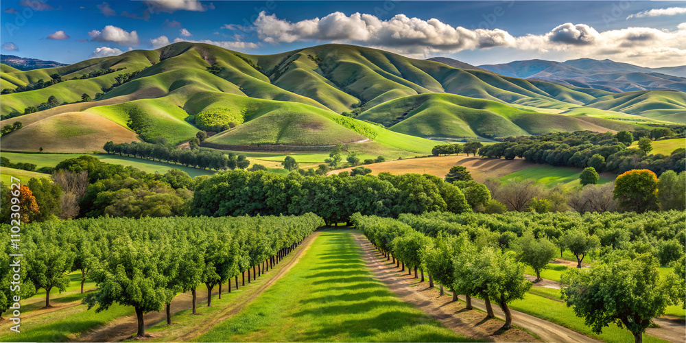 Fototapeta premium Rolling green hills offer a stunning backdrop to a peaceful orchard filled with rows of fruit trees. The sky is bright with scattered clouds, enhancing the natural beauty