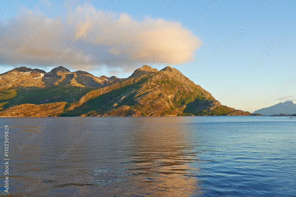 Mountain, sky and calm ocean with clouds, reflection and tropical holiday environment for travel getaway in nature. Sea, water and peace in nature, inspiration and island vacation in Indonesia Mountain, sky and calm ocean with clouds, reflection and tropical holiday environment for travel getaway in nature. Sea, water and peace in nature, inspiration and island vacation in Indonesia
