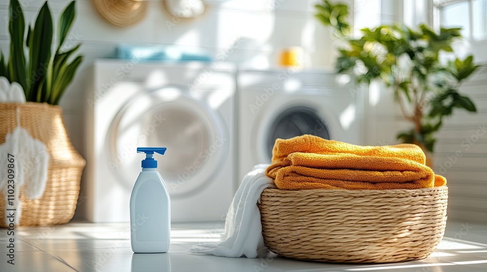 Laundry basket with folded towels in a bright, modern laundry room Laundry basket with folded towels in a bright, modern laundry room