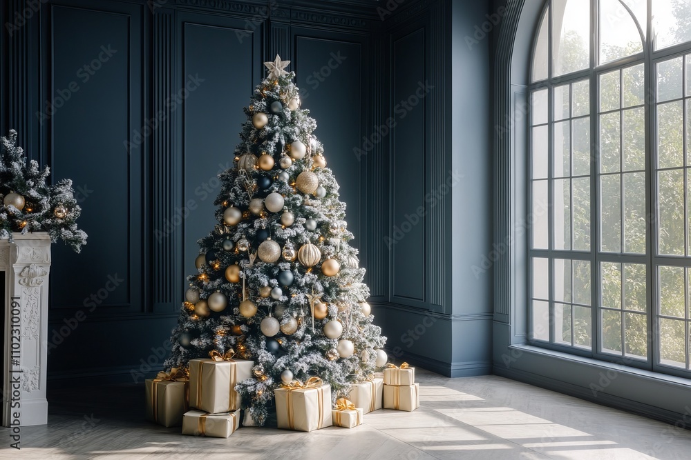 Fototapeta premium Christmas tree with decoration in the corner of a house