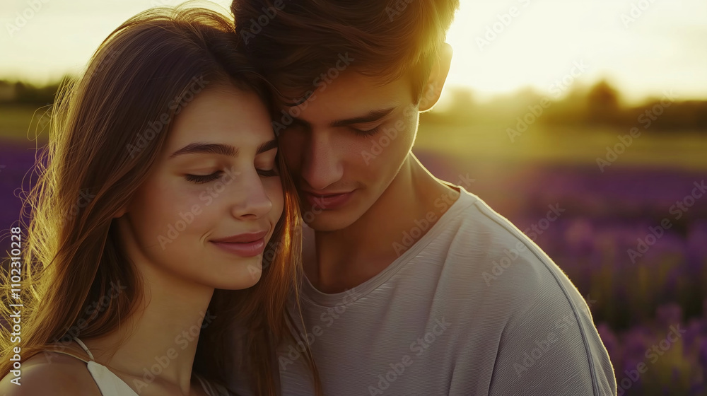 Romantic young couple embracing with closed eyes in a beautiful lavender field at sunset, enjoying a peaceful and intimate moment together Romantic young couple embracing with closed eyes in a beautiful lavender field at sunset, enjoying a peaceful and intimate moment together