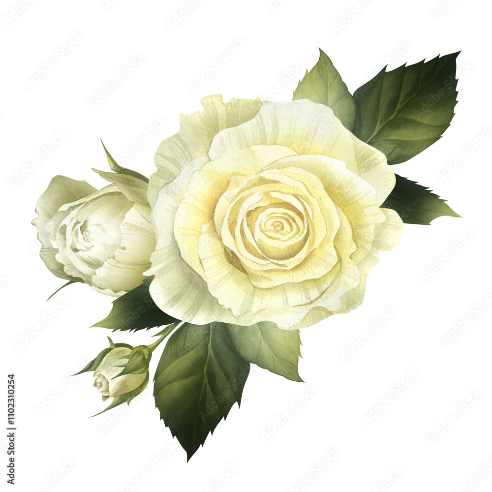 Fototapeta premium White roses watercolor isolated illustration. Wedding bouquet with flowers and buds for wedding invitation. Floral funeral clip art in realistic style for catholic designs and save the date cards