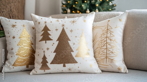 Luxe gold throw pillow with Christmas tree illustrations and subtle glitter.