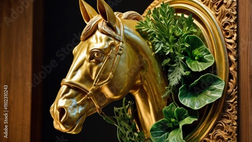 Golden horse head sculpture adorned with green foliage in an ornate frame. photo