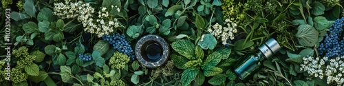 bottle with essential oil and medicinal herbs top view. Selective focus