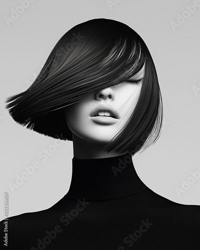 black and white portrait of a woman with wind blowing hair contemporary fashion style