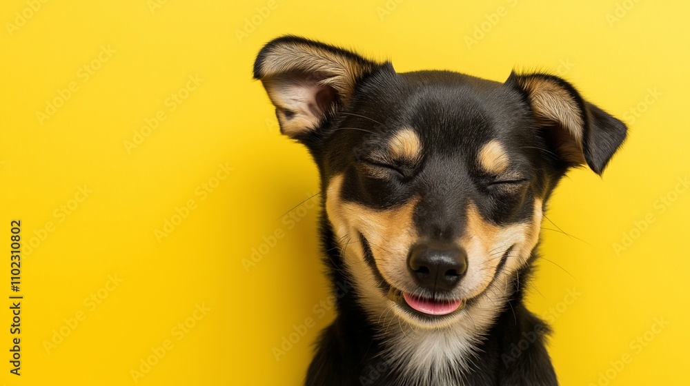 Studio shot of a happy dog smiling with closed eyes and its tongue out on a vibrant yellow background, capturing the essence of joy and contentment Studio shot of a happy dog smiling with closed eyes and its tongue out on a vibrant yellow background, capturing the essence of joy and contentment