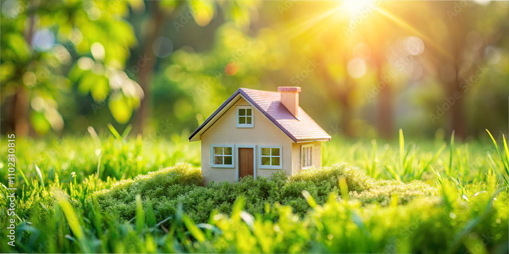 A small model house stands on a patch of vibrant green grass. Sunlight filters through the trees, creating a warm and inviting atmosphere in the serene garden setting A small model house stands on a patch of vibrant green grass. Sunlight filters through the trees, creating a warm and inviting atmosphere in the serene garden setting