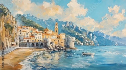 A scenic view of Atrani town and the Amalfi Coast in Italy, showcasing the stunning coastal landscape with its colorful buildings, cliffs, and crystal-clear waters.