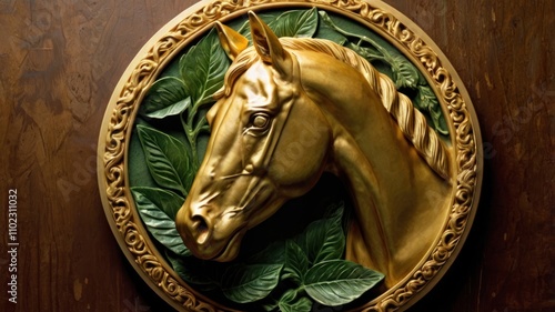 Golden horse head sculpture in ornate frame. photo