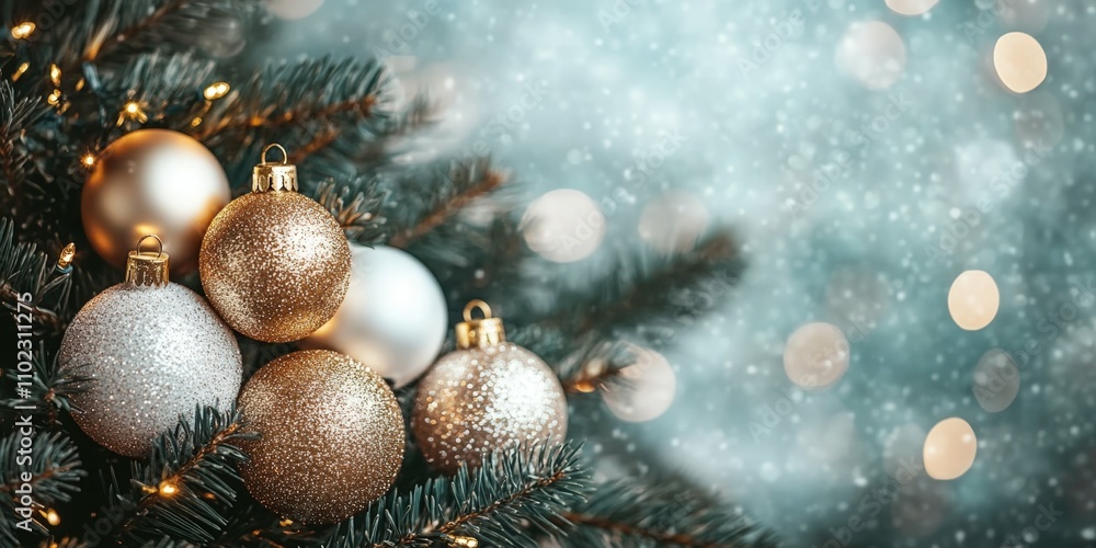 Golden and white baubles arranged with fir branches on a soft blurred background warm holiday tones Golden and white baubles arranged with fir branches on a soft blurred background warm holiday tones