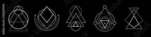 Abstract white triangle featuring esoteric symbols, including pentagram and mandala shapes, perfect for spiritual and occult themed decor.