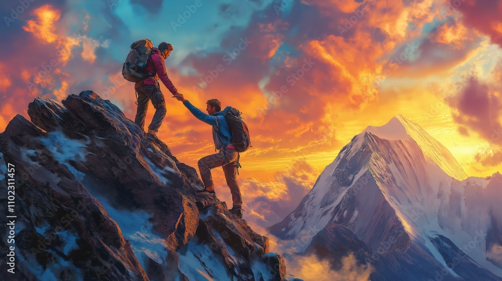 Two Climbers Overcoming Mountain Challenge Together Two Climbers Overcoming Mountain Challenge Together