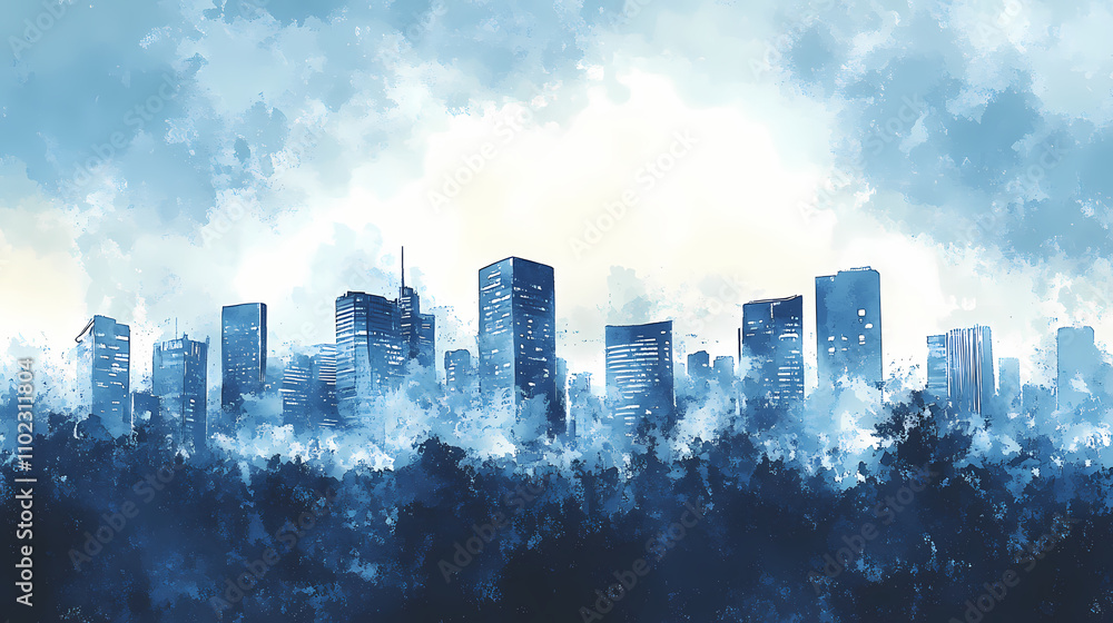 Fototapeta premium City skyline with dark sky-blue and dark white on watercolor background. Cerulean. Illustration