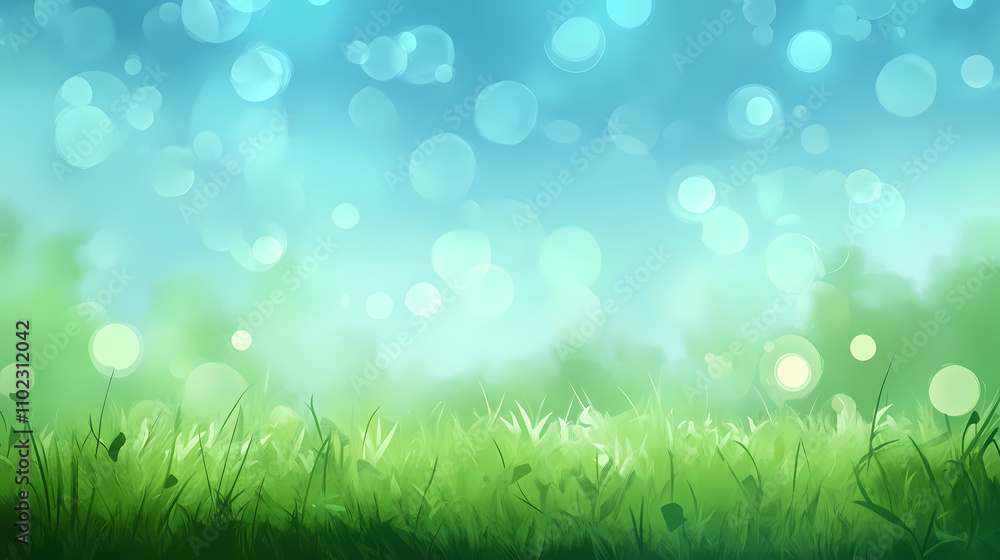Dreamy green meadow beneath a cerulean sky, wooden bokeh glows. Cerulean. Illustration Dreamy green meadow beneath a cerulean sky, wooden bokeh glows. Cerulean. Illustration