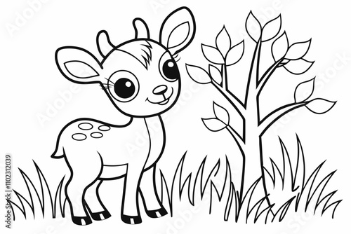 cute Deer, some grass and a tree, coloring book