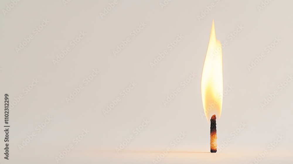 A Close-Up of a Single Matchstick Burning with a Vibrant Flame Against a Soft Neutral Background Emphasizing Light, Heat, and Fire Dynamics in a Simple Composition A Close-Up of a Single Matchstick Burning with a Vibrant Flame Against a Soft Neutral Background Emphasizing Light, Heat, and Fire Dynamics in a Simple Composition
